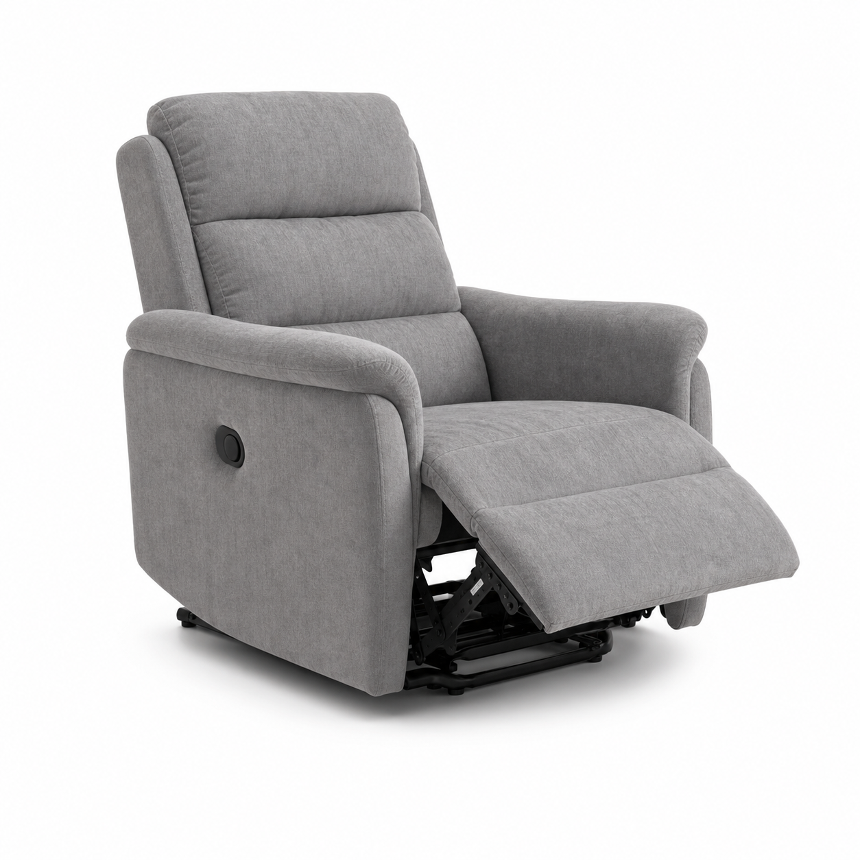 Poltronas Geriátricas reclináveis cinzentas com 1 motor e peseira elevada, vista em ângulo de três quartos