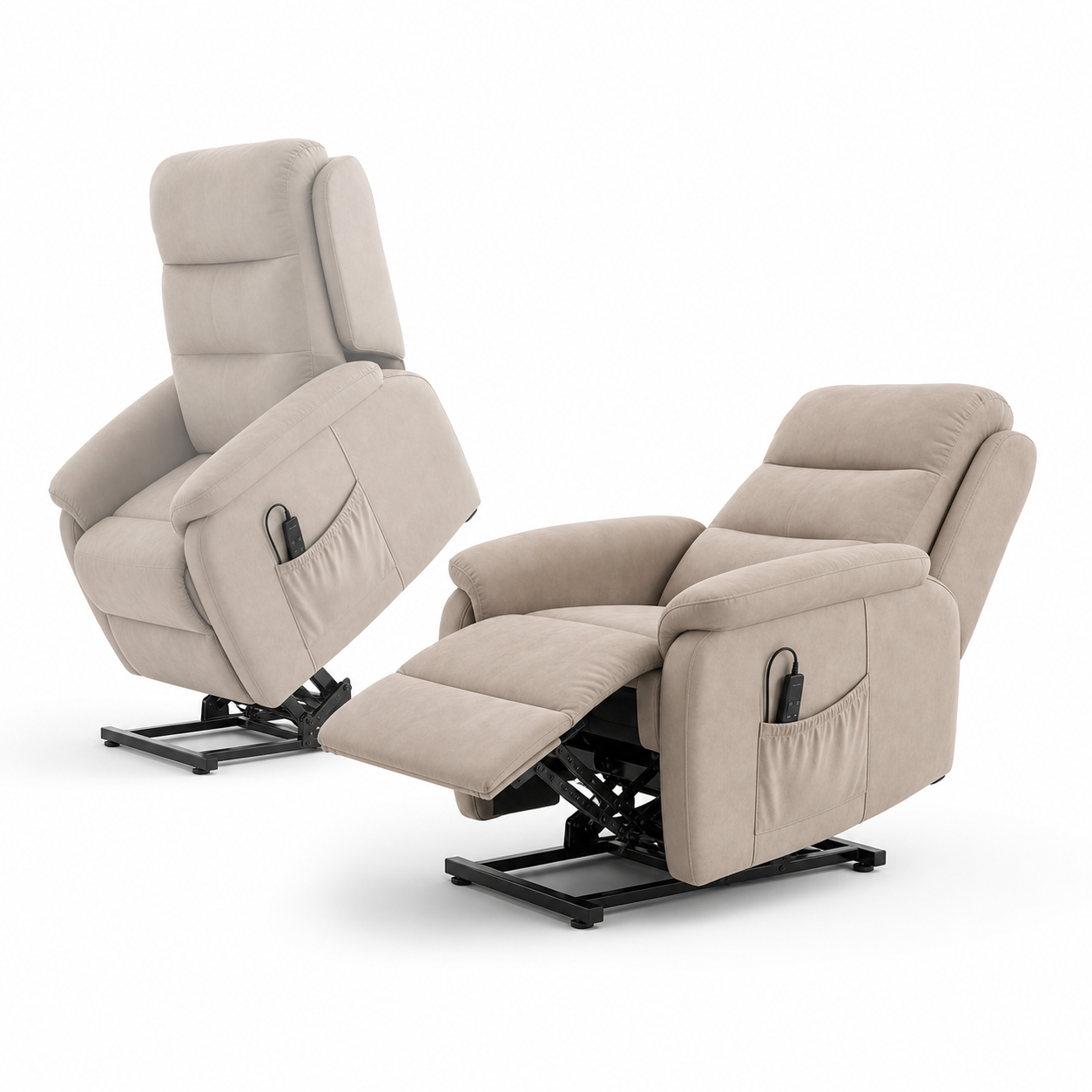 Duas Poltronas Geriátricas powerlift bege com 2 motores: uma em posição fechada e outra com peseira elevada e encosto reclinado independentemente