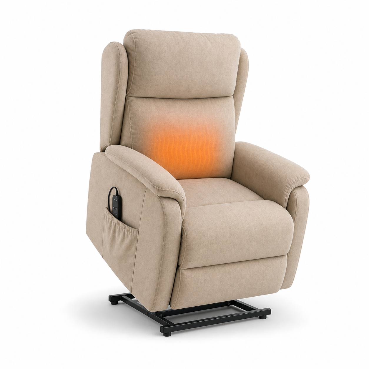 Poltronas Geriátricas reclináveis em bege com destaque laranja na zona lombar a ilustrar a função de calor nas costas