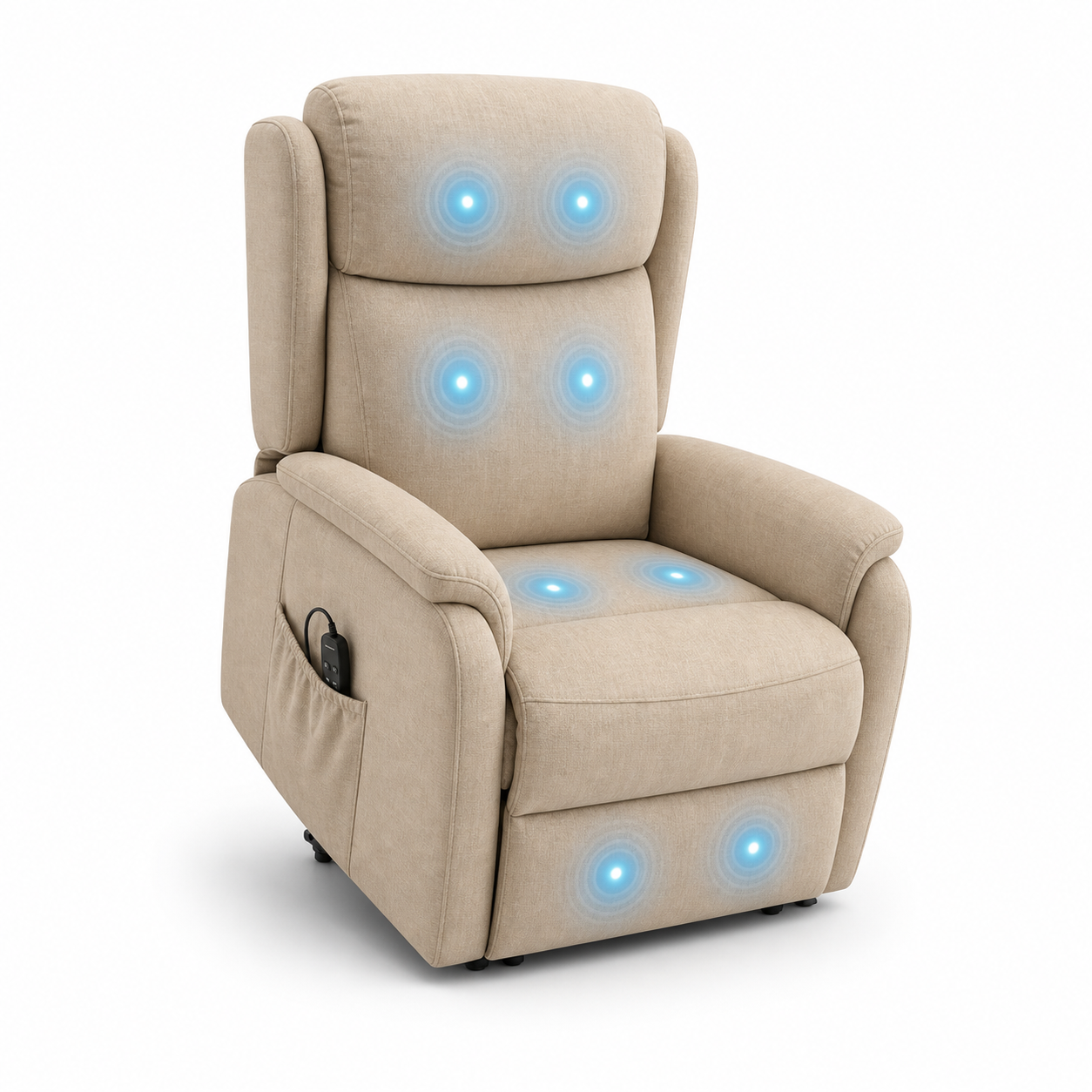Poltronas Geriátricas reclináveis em bege com 8 zonas de massagem por vibração iluminadas a azul nas costas, assento e peseira