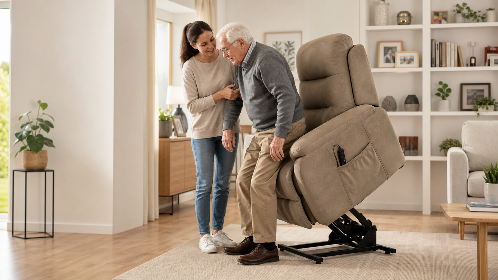 Pessoa idosa a levantar-se de uma poltrona geriátrica powerlift com apoio de familiar, numa sala de estar